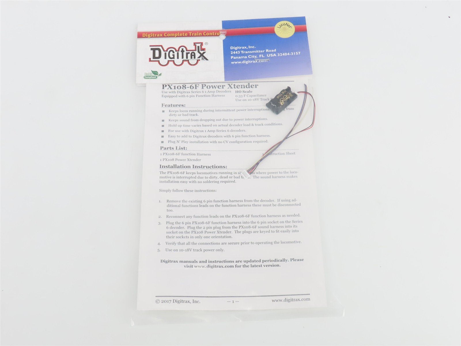 Digitrax PX108-6F Power Xtender for 1 Amp HO Scale Digitrax Series 6 Decoders