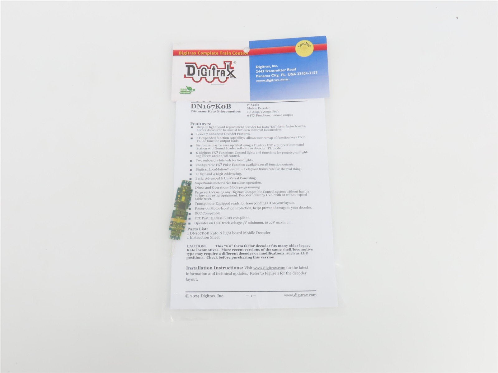 Digitrax DN167K0B Series 7 DCC Mobile Decoder for N KATO "K0" Locomotives