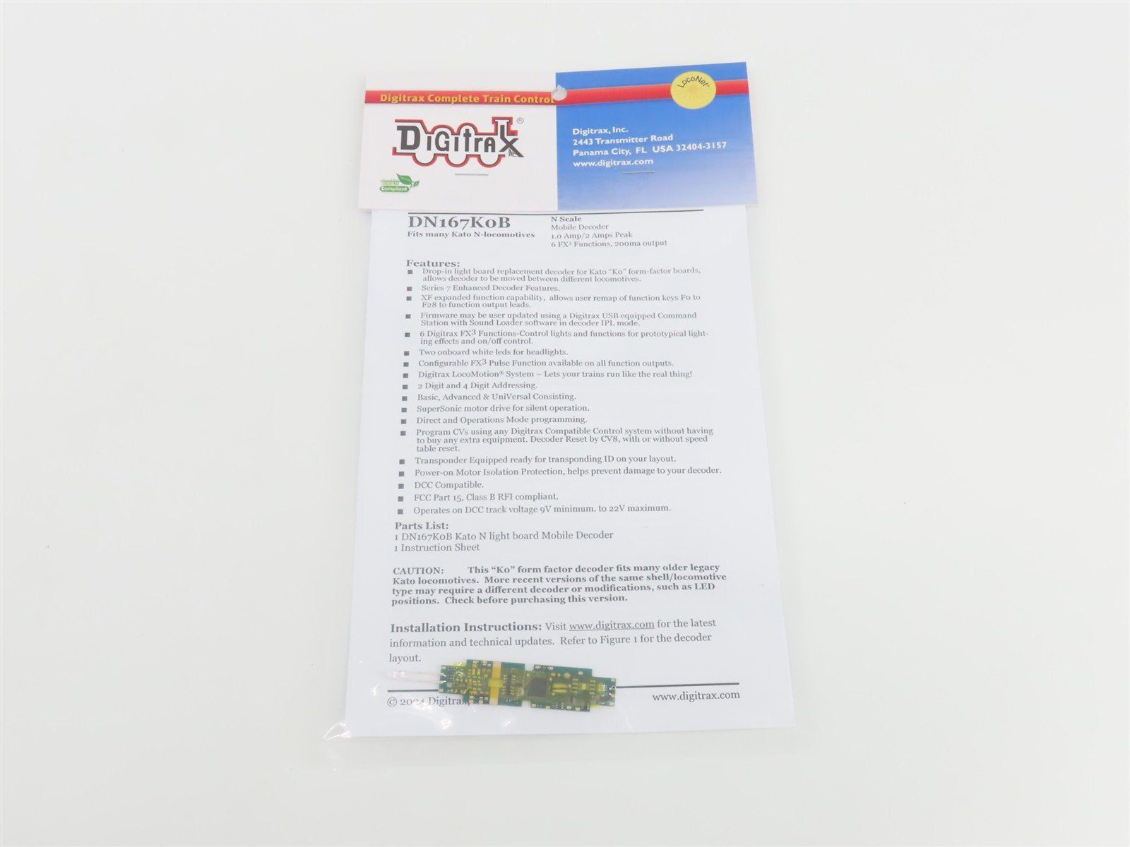 Digitrax DN167K0B Series 7 DCC Mobile Decoder for N KATO "K0" Locomotives