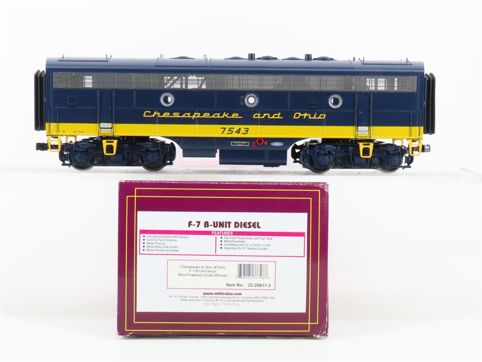 O Scale 2-Rail MTH 22-20611-3 C&O Chesapeake & Ohio F7B Diesel #7543 UNPOWERED