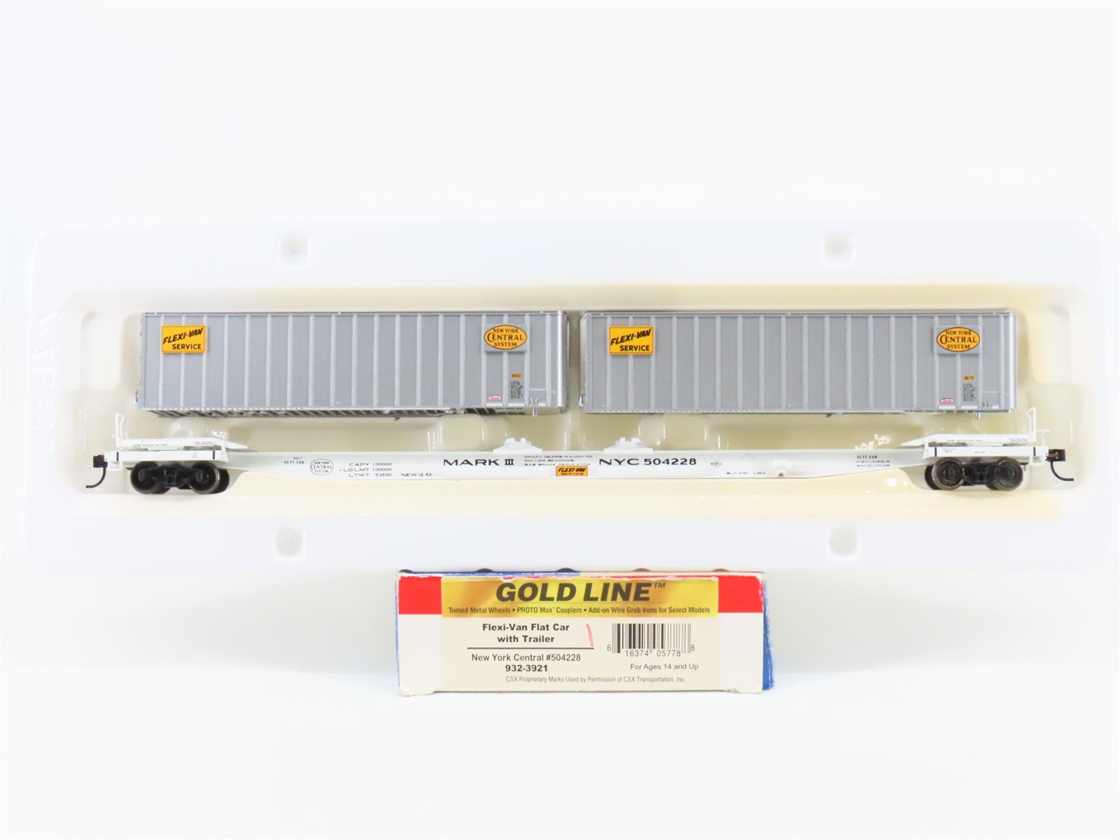 HO Scale Walthers Gold Line 932-3921 NYC Flexi-Van Flat Car #504228 w/ Trailers