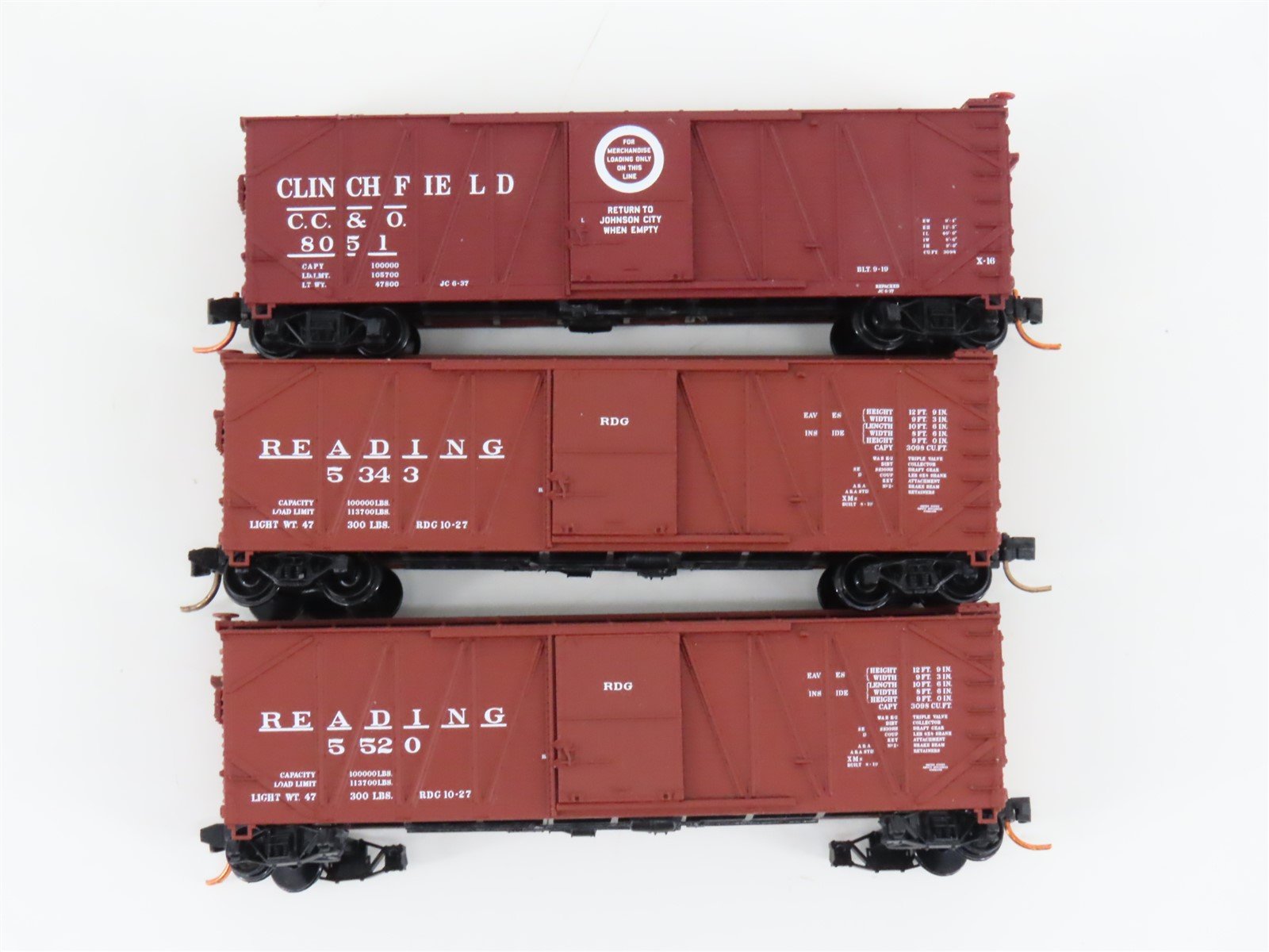 LOT of 3 N Scale Atlas RDG Reading / CC&O Clinchfield Single Door Box Cars