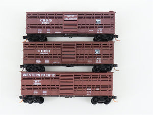 LOT of 3 N Micro-Trains MTL WP Western Pacific / CB&Q Burlington Stock Cars
