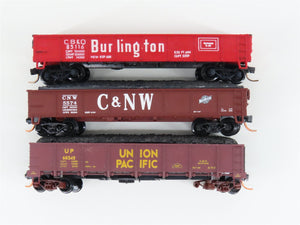 LOT of 3 N Scale Trix/Atlas/Micro-Trains CNW-UP-CBQ Gondola Cars
