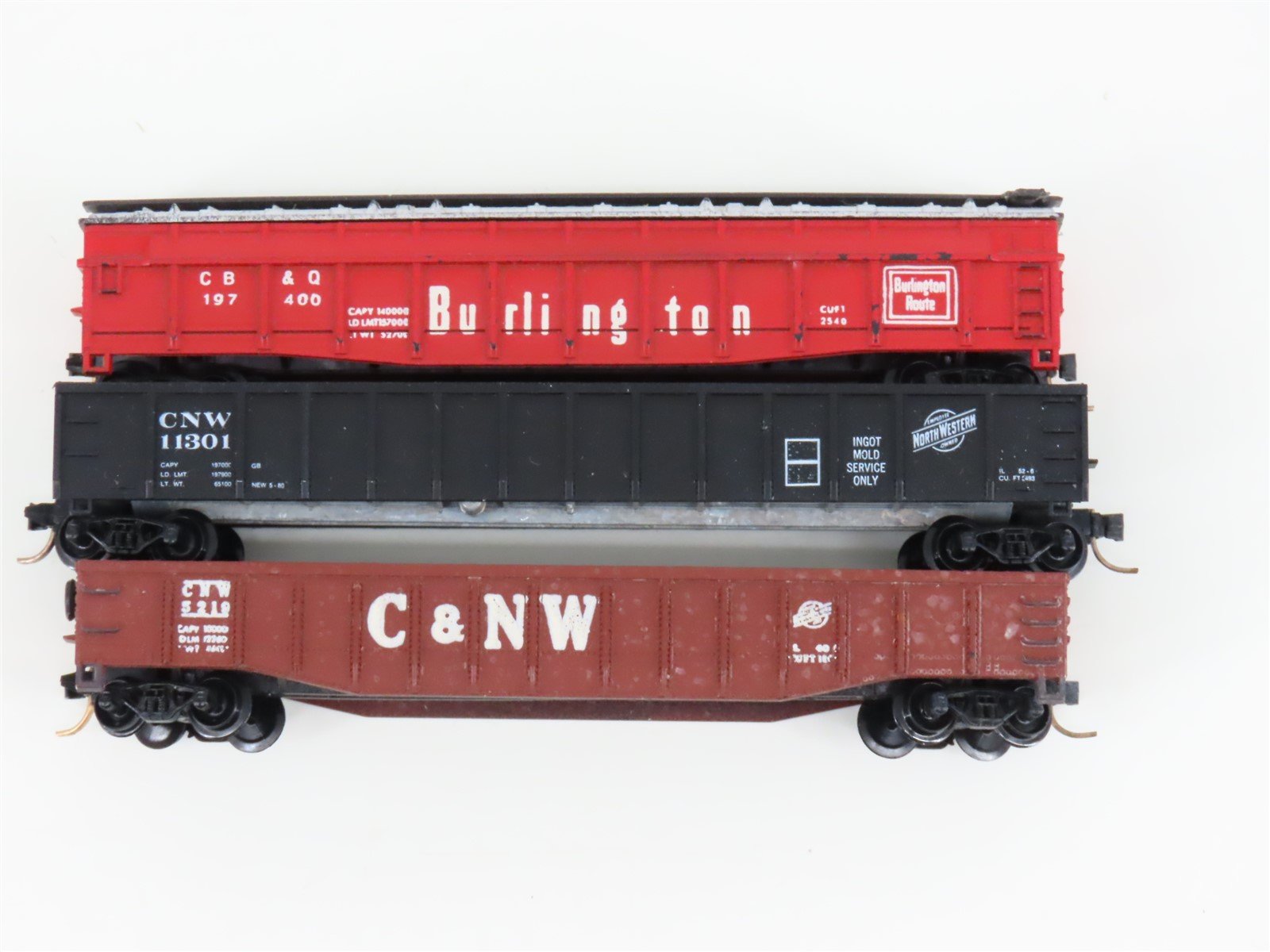 LOT of 3 N Scale Trix/AHM CNW-CBQ Railway Gondola Cars