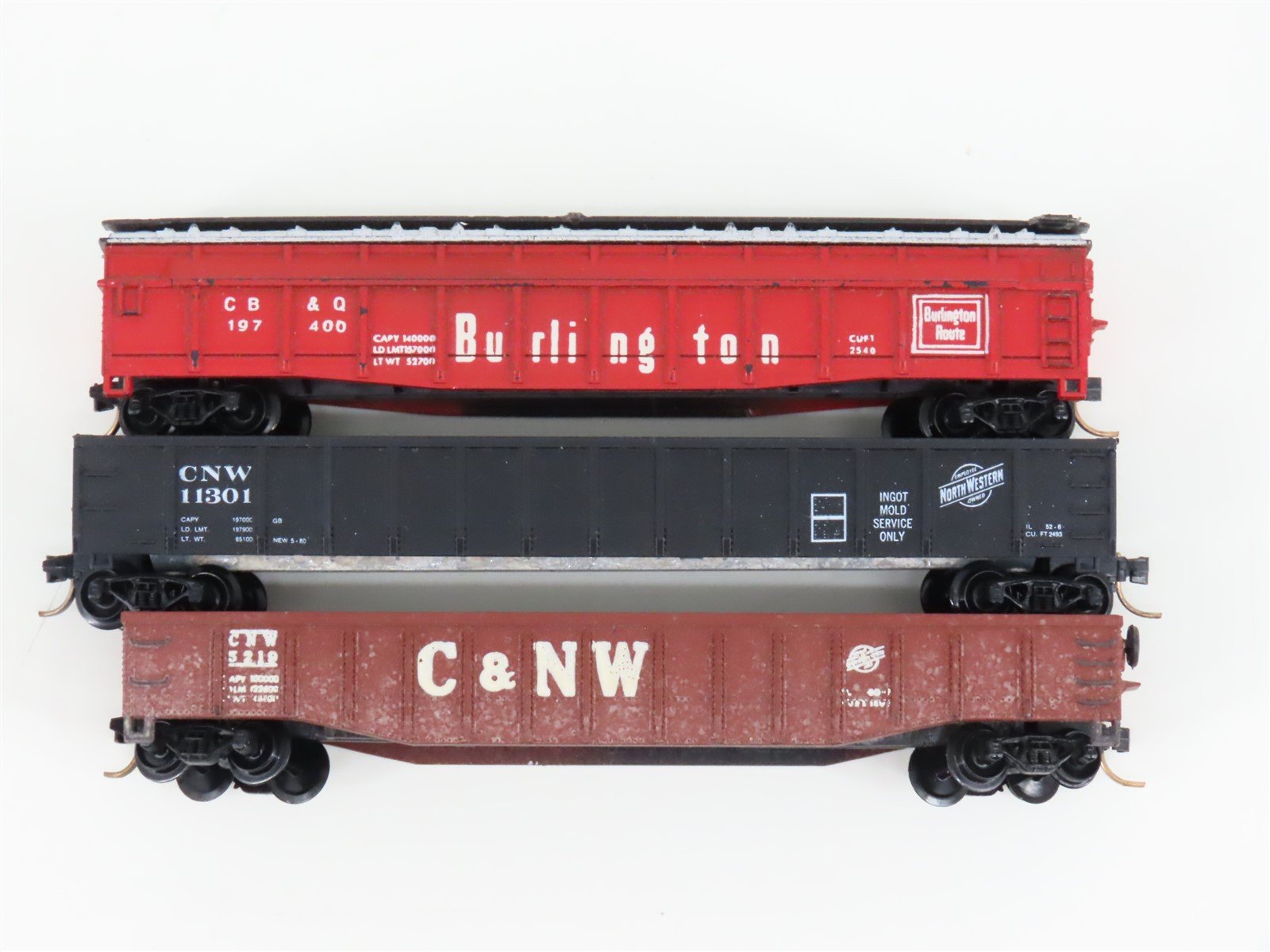 LOT of 3 N Scale Trix/AHM CNW-CBQ Railway Gondola Cars
