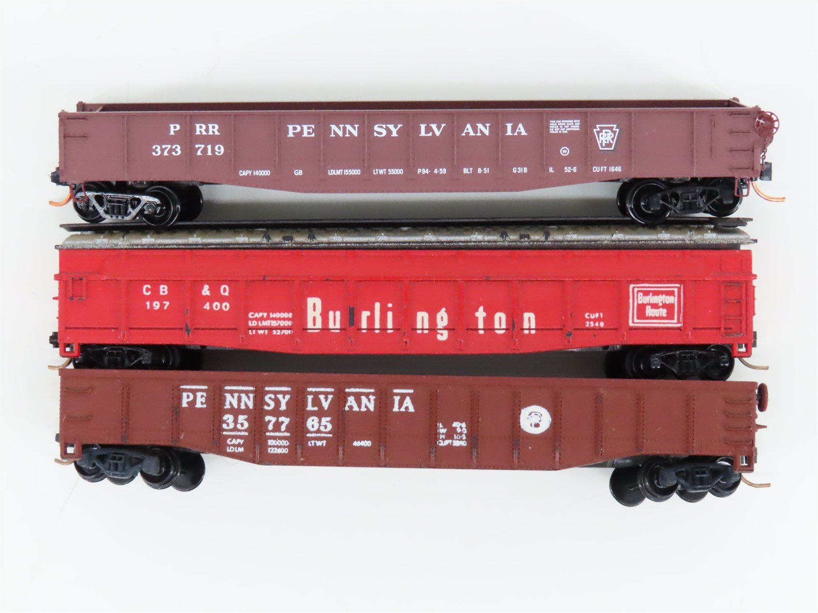 LOT of 3 N Scale Trix/Micro-Trains PPR Pennsylvania/CBQ Burlington Gondola Cars