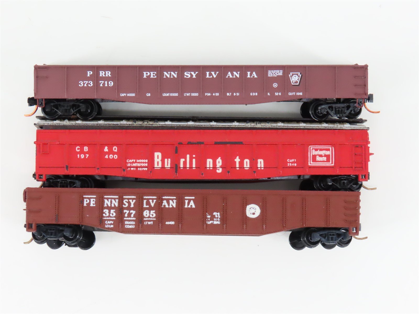 LOT of 3 N Scale Trix/Micro-Trains PPR Pennsylvania/CBQ Burlington Gondola Cars