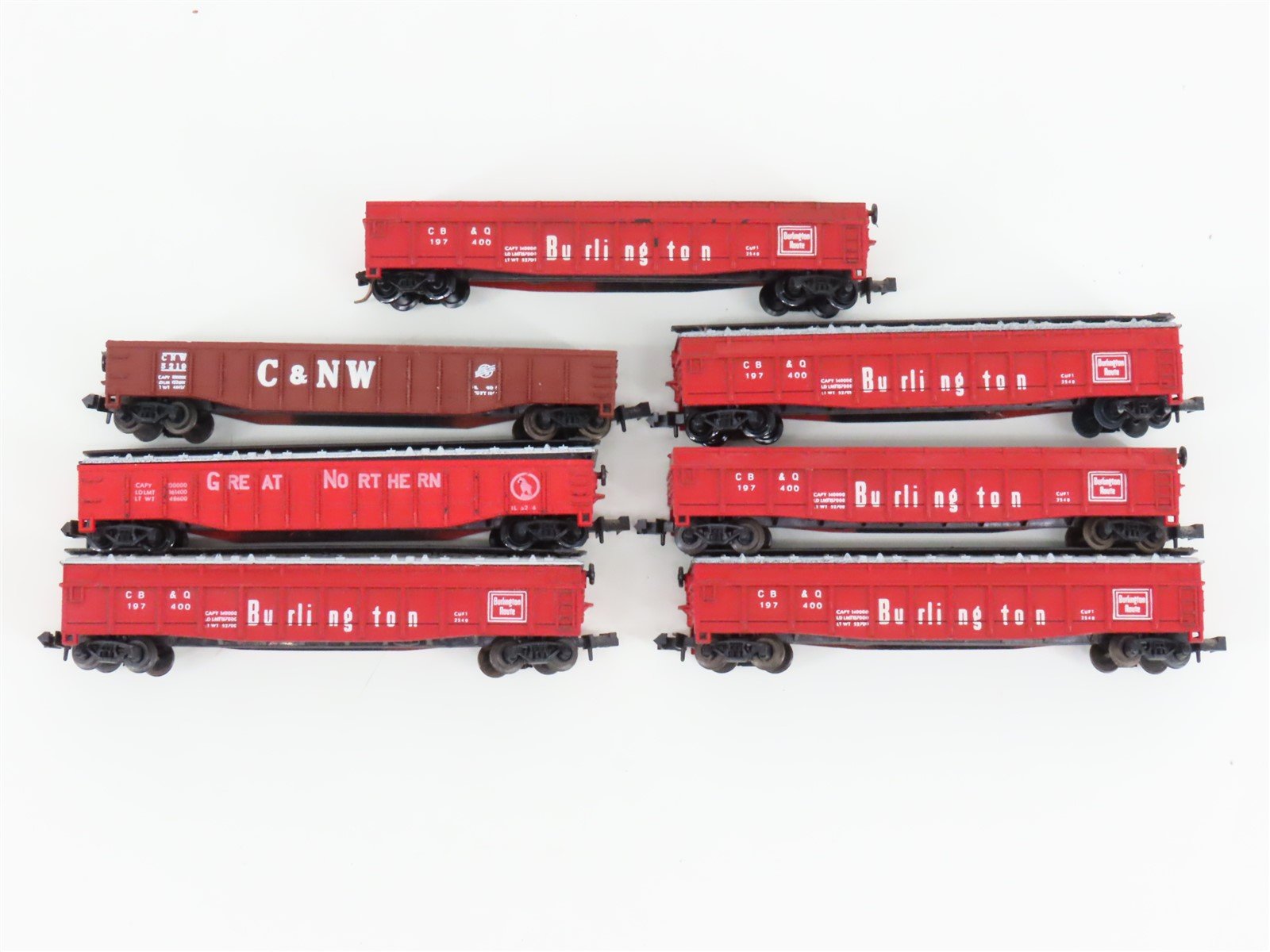 LOT of 7 N Scale Trix/AHM CBQ/CNW/GN Railways Gondola Cars