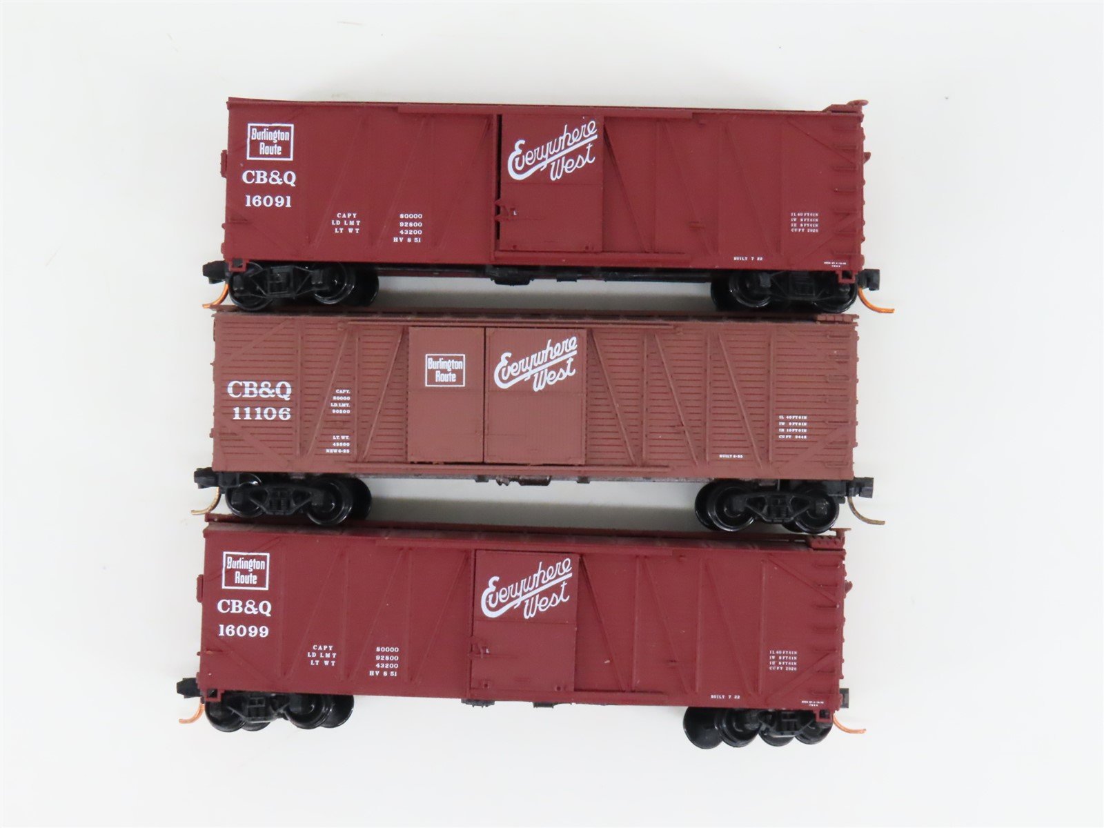 LOT of 3 N Scale Micro-Trains MTL/Atlas CBQ Burlington 40' Woodside Boxcars