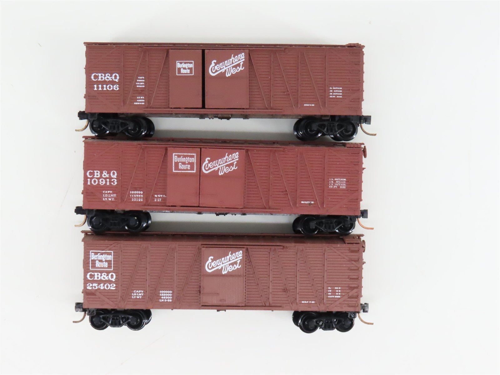 LOT of 3 N Scale Micro-Trains MTL CBQ Burlington 40' Woodside Boxcars