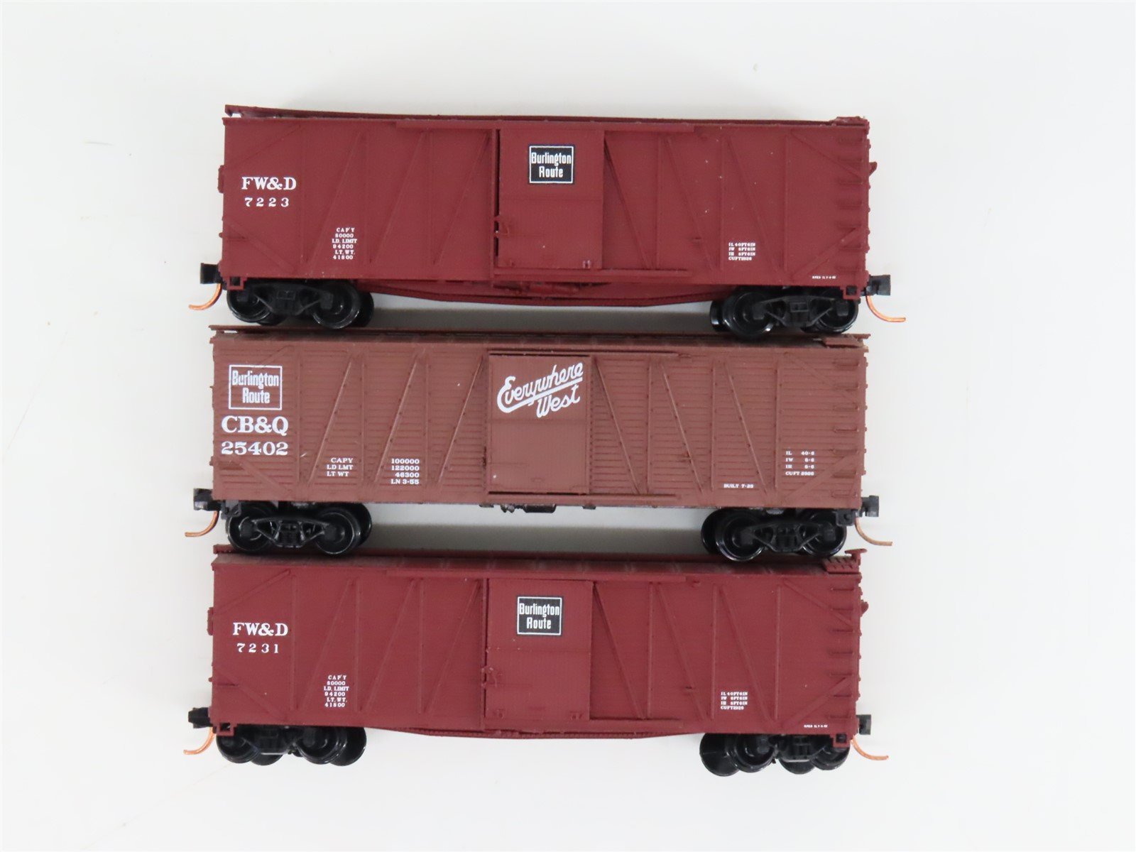 LOT of 3 N Scale Micro-Trains MTL/Atlas FWD-CBQ Burlington 40' Woodside Boxcars