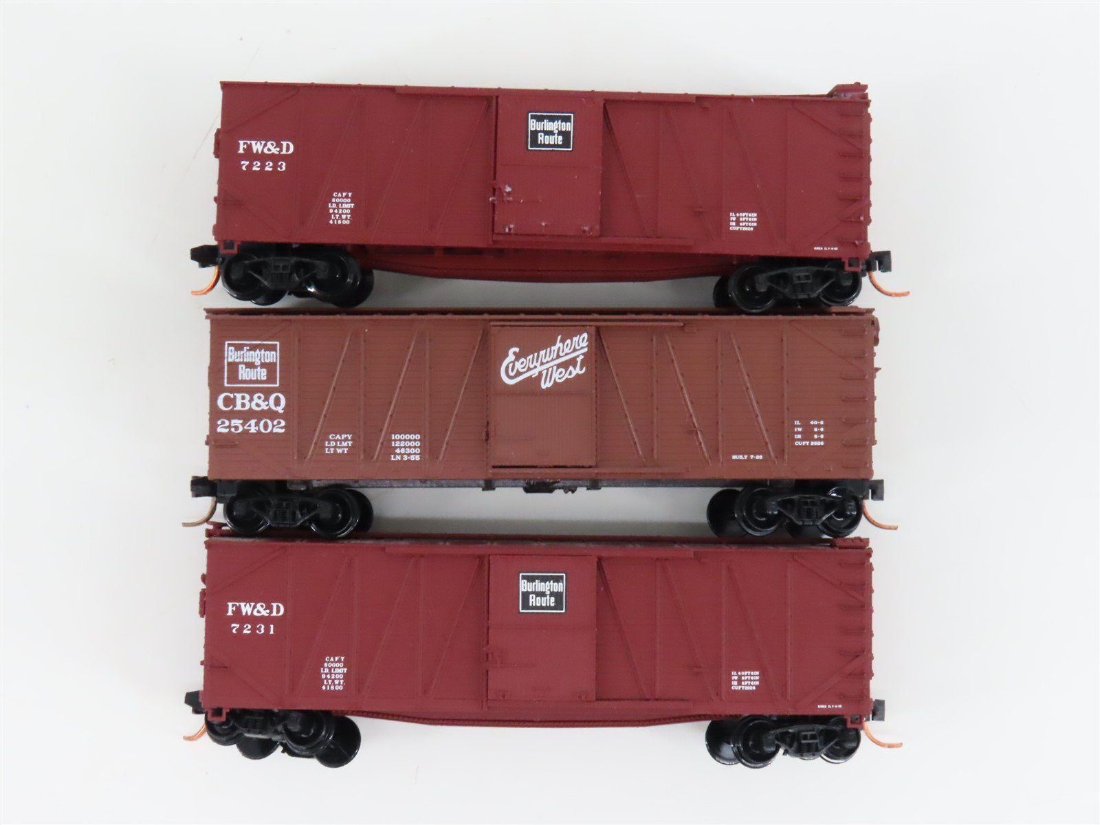 LOT of 3 N Scale Micro-Trains MTL/Atlas FWD-CBQ Burlington 40' Woodside Boxcars