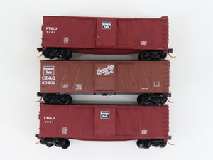 LOT of 3 N Scale Micro-Trains MTL/Atlas FWD-CBQ Burlington 40' Woodside Boxcars