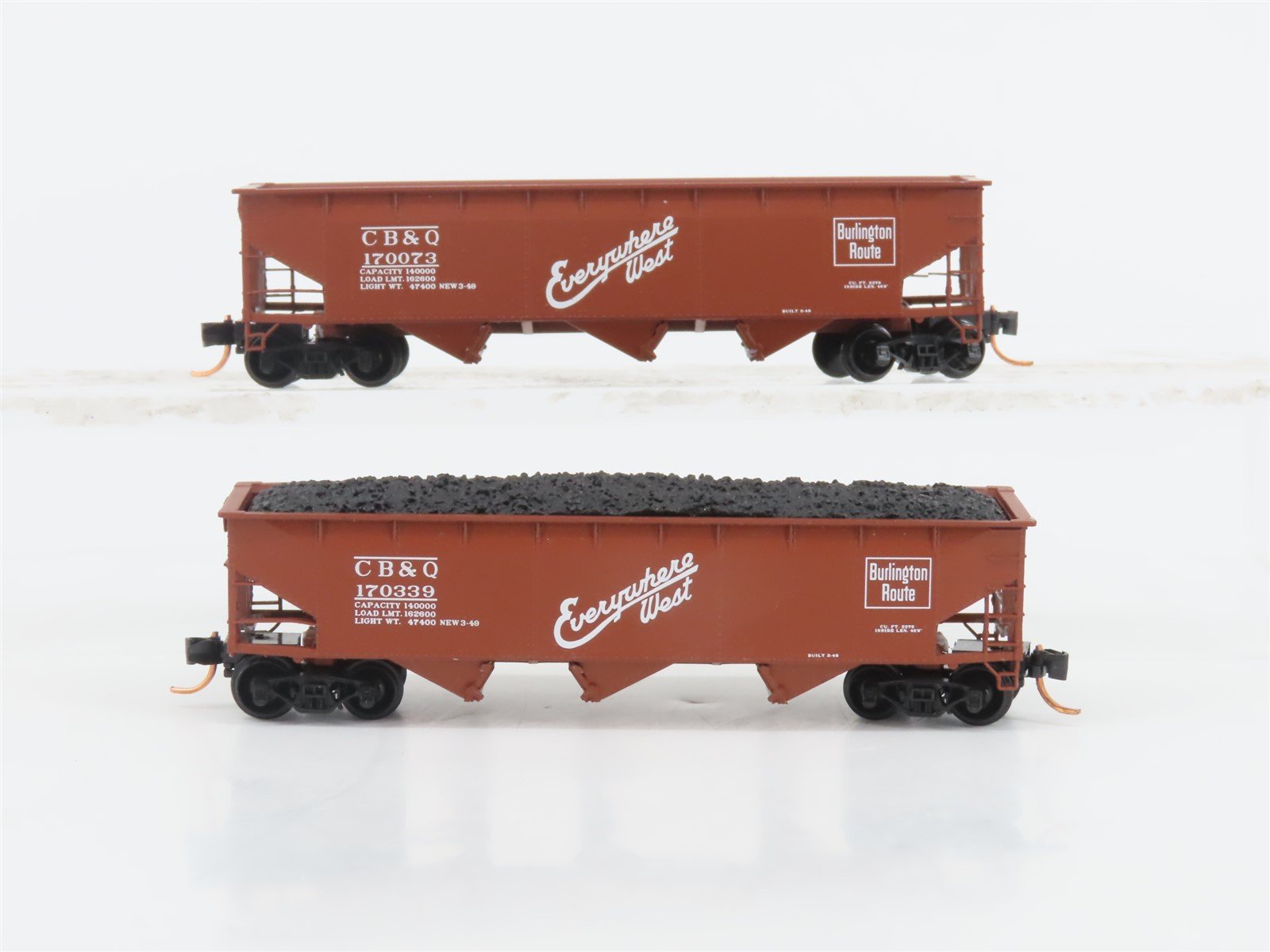 LOT of 2 N Scale Bluford Shops CB&Q Burlington Route 3-Bay Open Hoppers