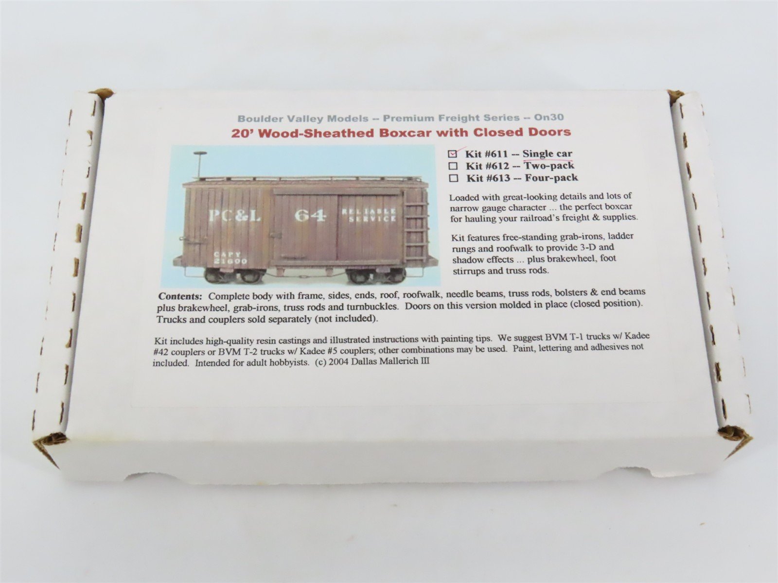 On30 Scale Boulder Valley Models Resin Kit 611 20' Wood-Sheathed Box Car