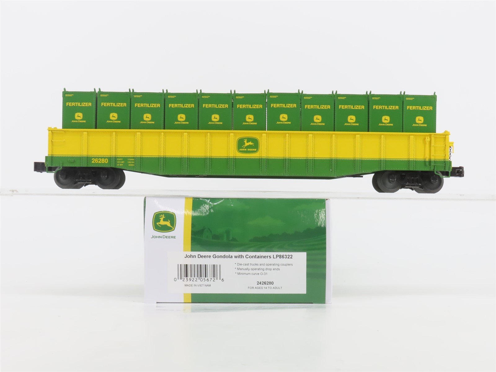 O 3-Rail Lionel 2426280 LP86322 John Deere 50' Gondola #26280 w/ Containers