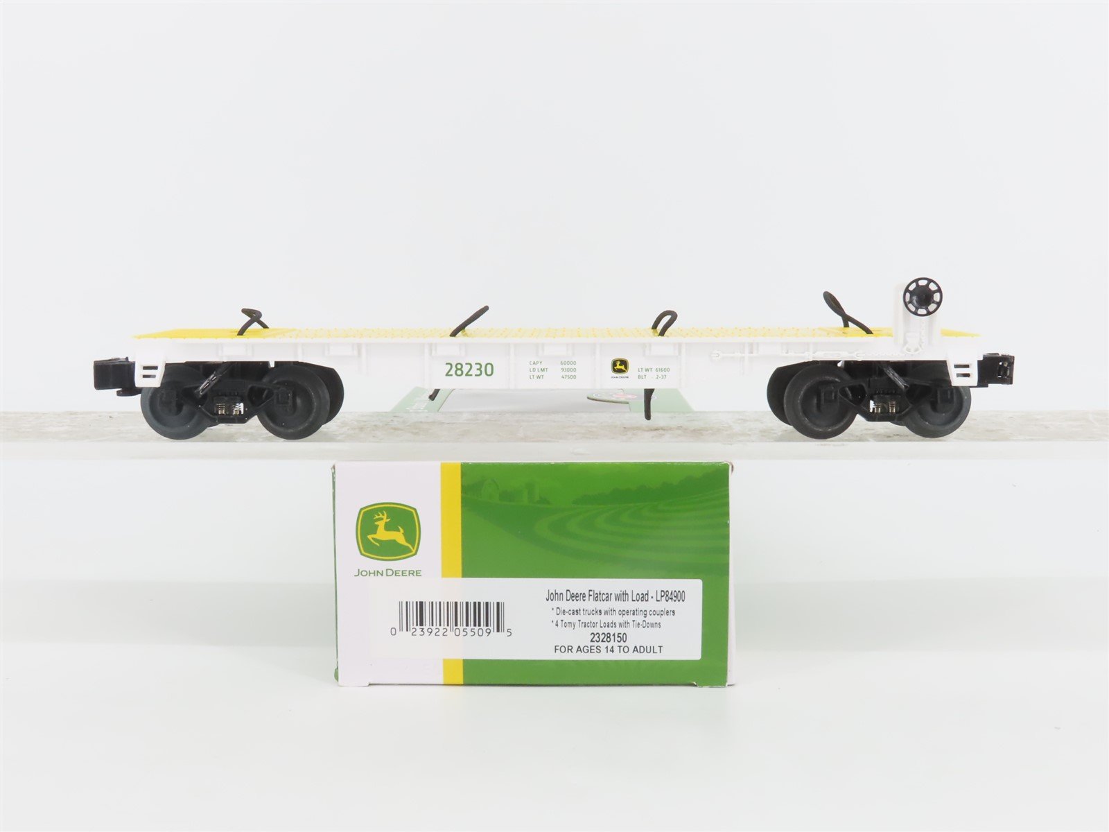 O 3-Rail Lionel 2328150 LP84900 John Deere 40' Flat Car #28230 w/4 Ertl Tractors