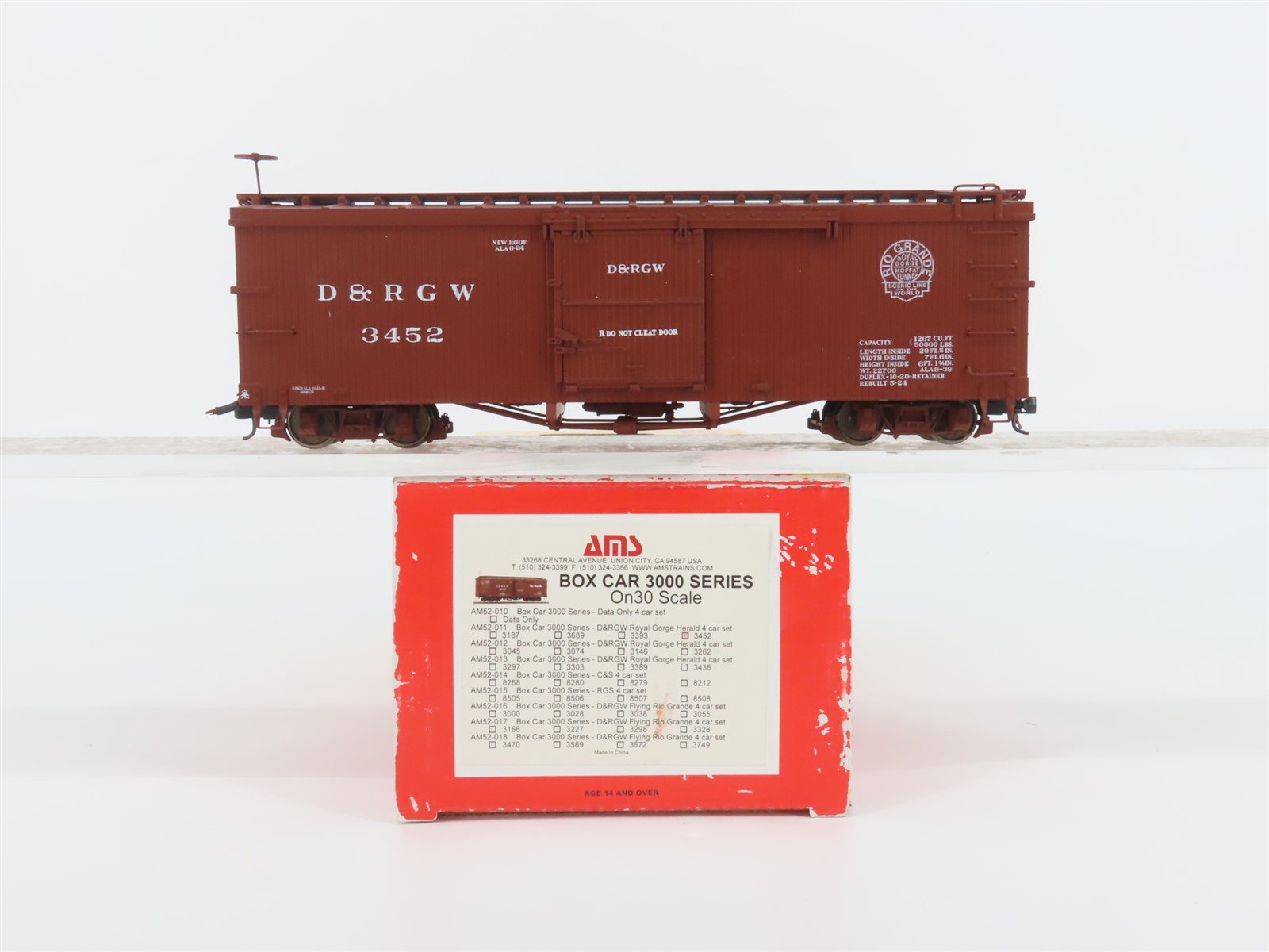On30 American Model Supply AMS AM52-011 D&RGW Rio Grande 30' Wood Box Car #3452