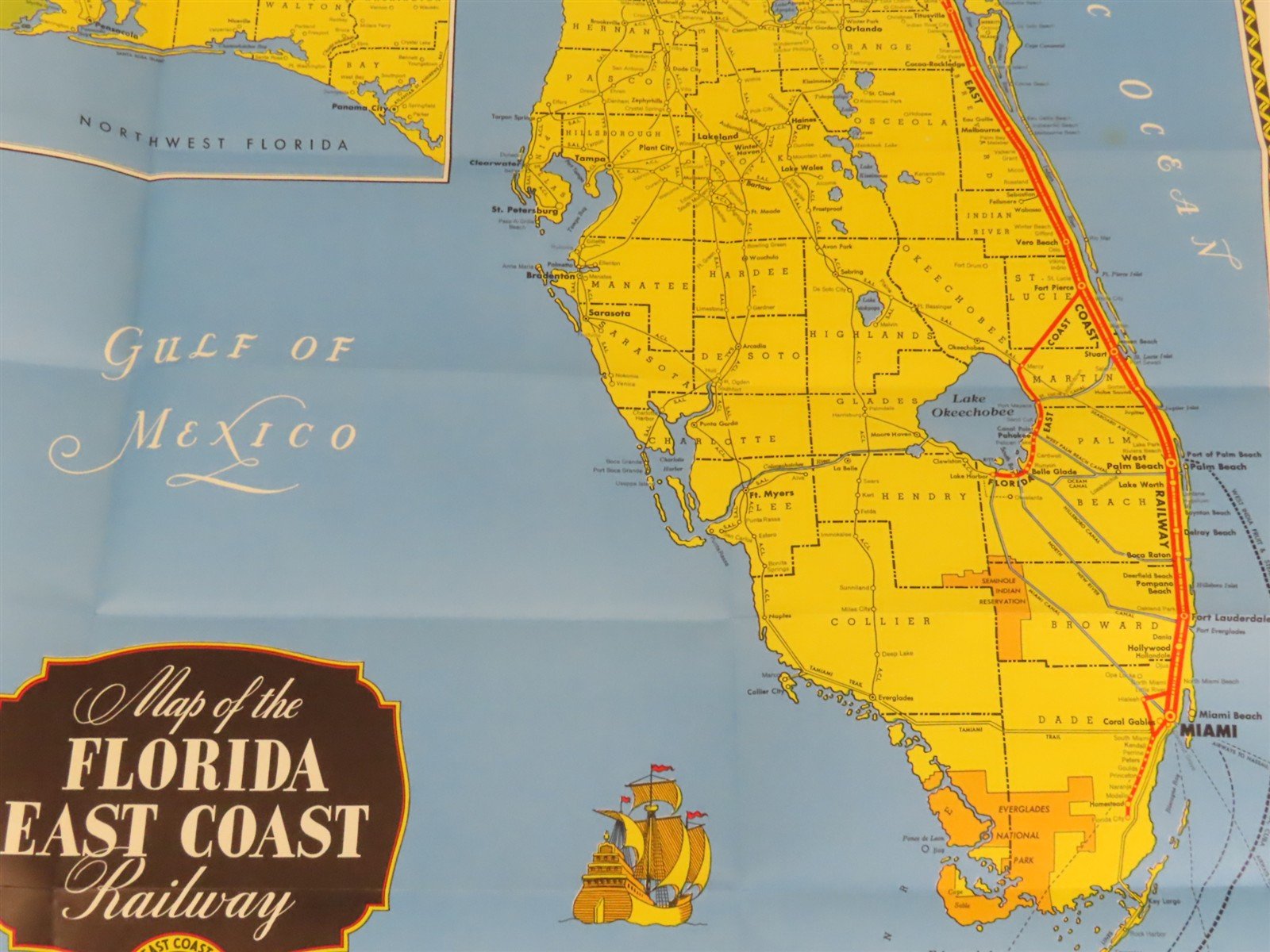 Vintage FEC Florida East Coast Railway Flagler System Fold-Out Map 1948