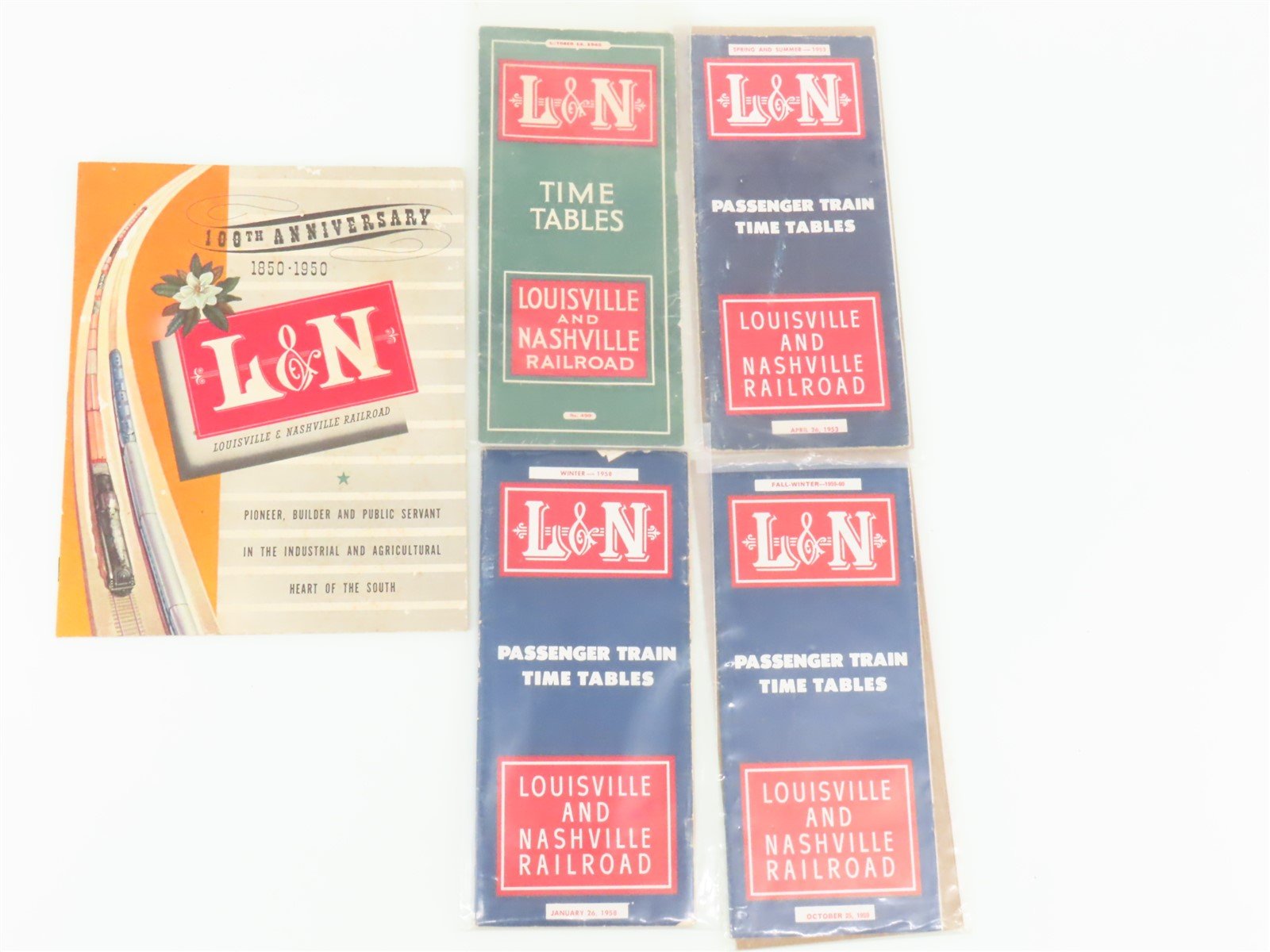 LOT of 5 L&N Railroad 100th Anniversary Brochure & Public Timetables 40's/50s