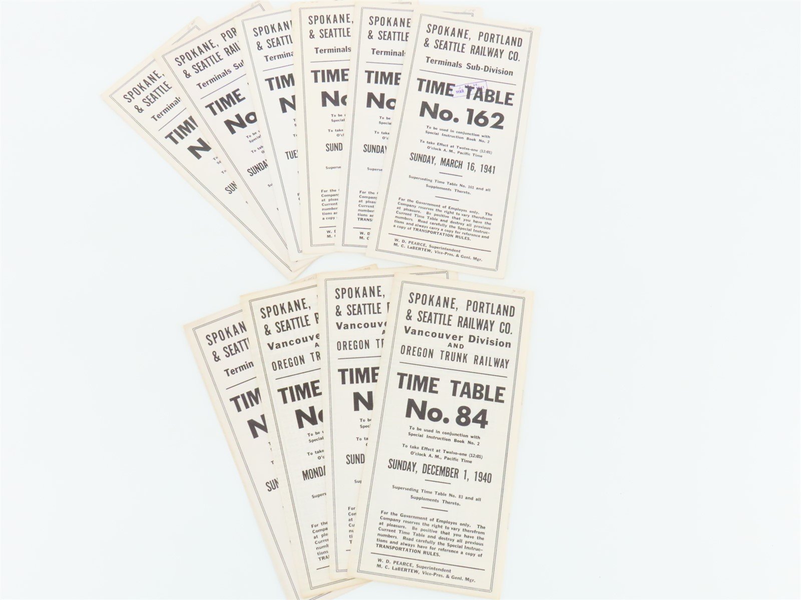 LOT of 10 Vintage SP&S Spokane Portland & Seattle Employee Timetables 1939-1941