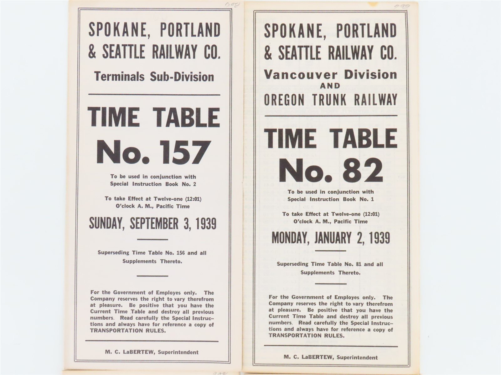 LOT of 10 Vintage SP&S Spokane Portland & Seattle Employee Timetables 1939-1941