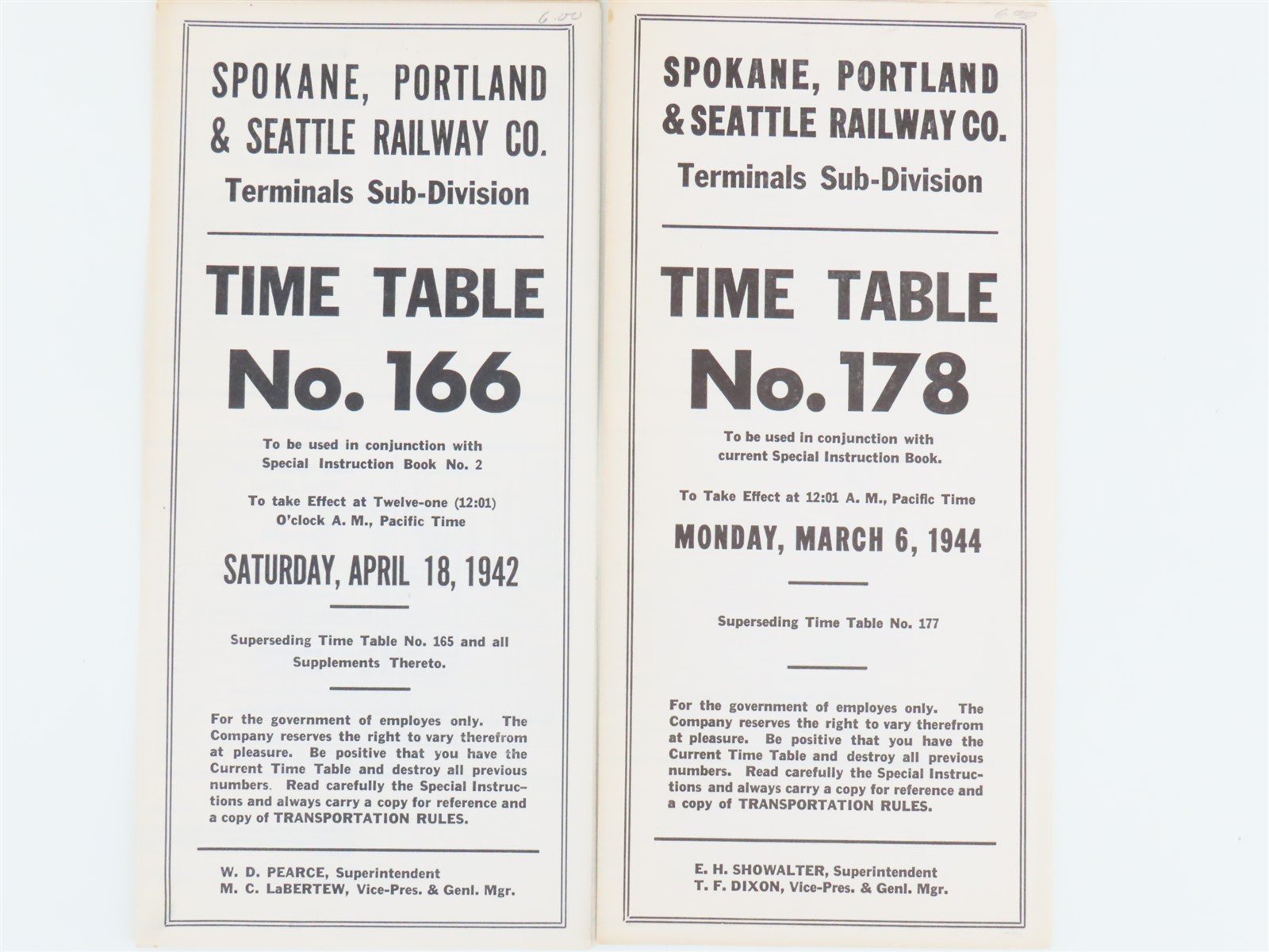 LOT of 7 Vintage SP&S Spokane Portland & Seattle Employee Timetables 1940s