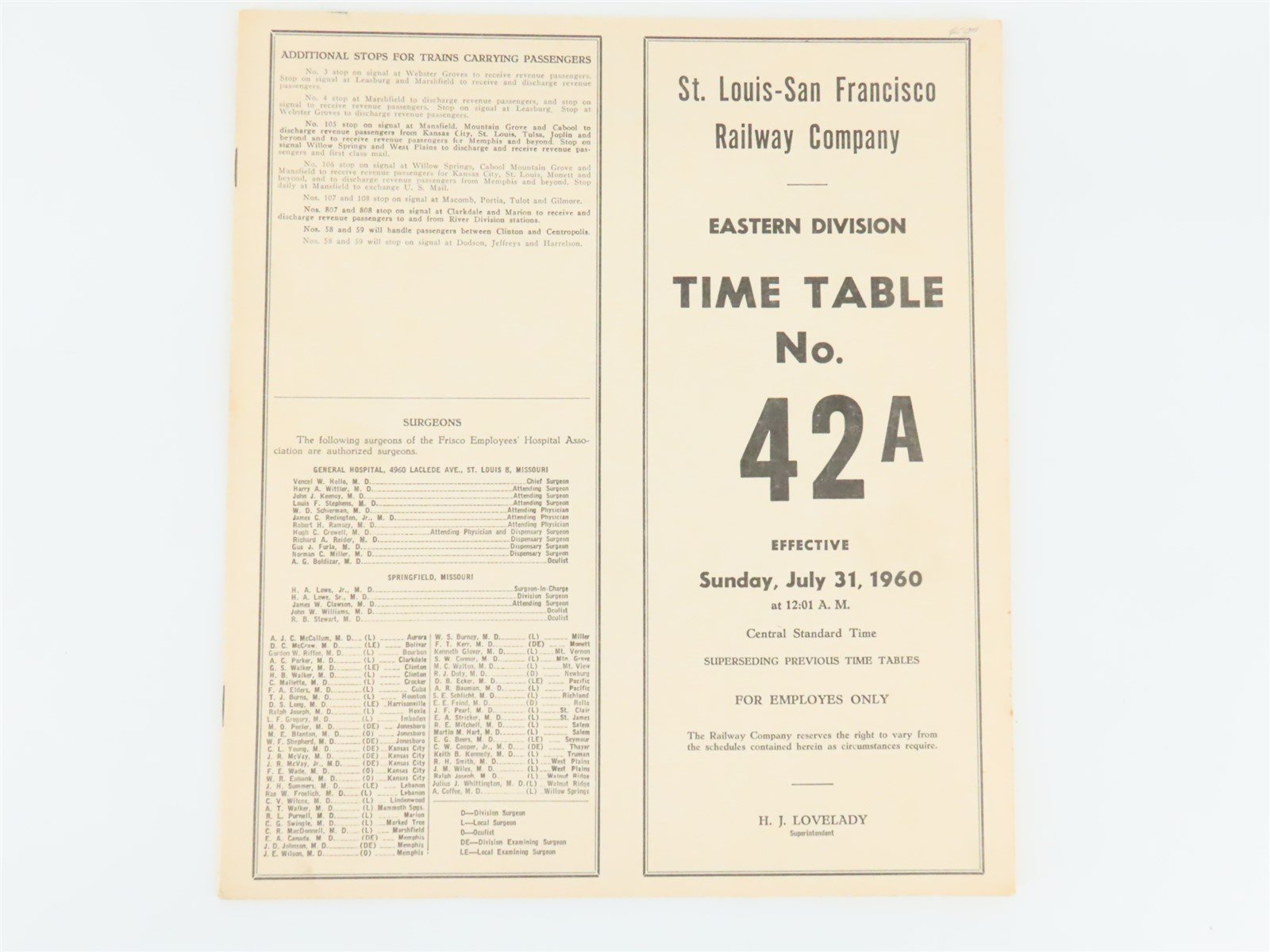 LOT of 4 Vintage SLSF Frisco Railway Employee Timetables 1959 & 1960