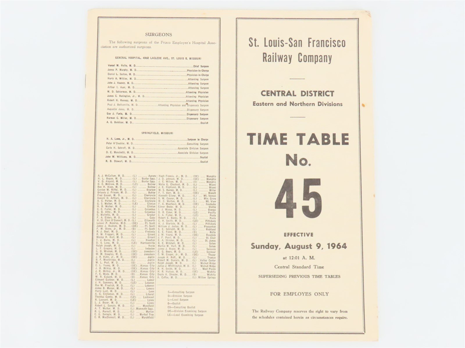LOT of 5 Vintage SLSF Frisco Railway Employee Timetables 1961, 1962, & 1964