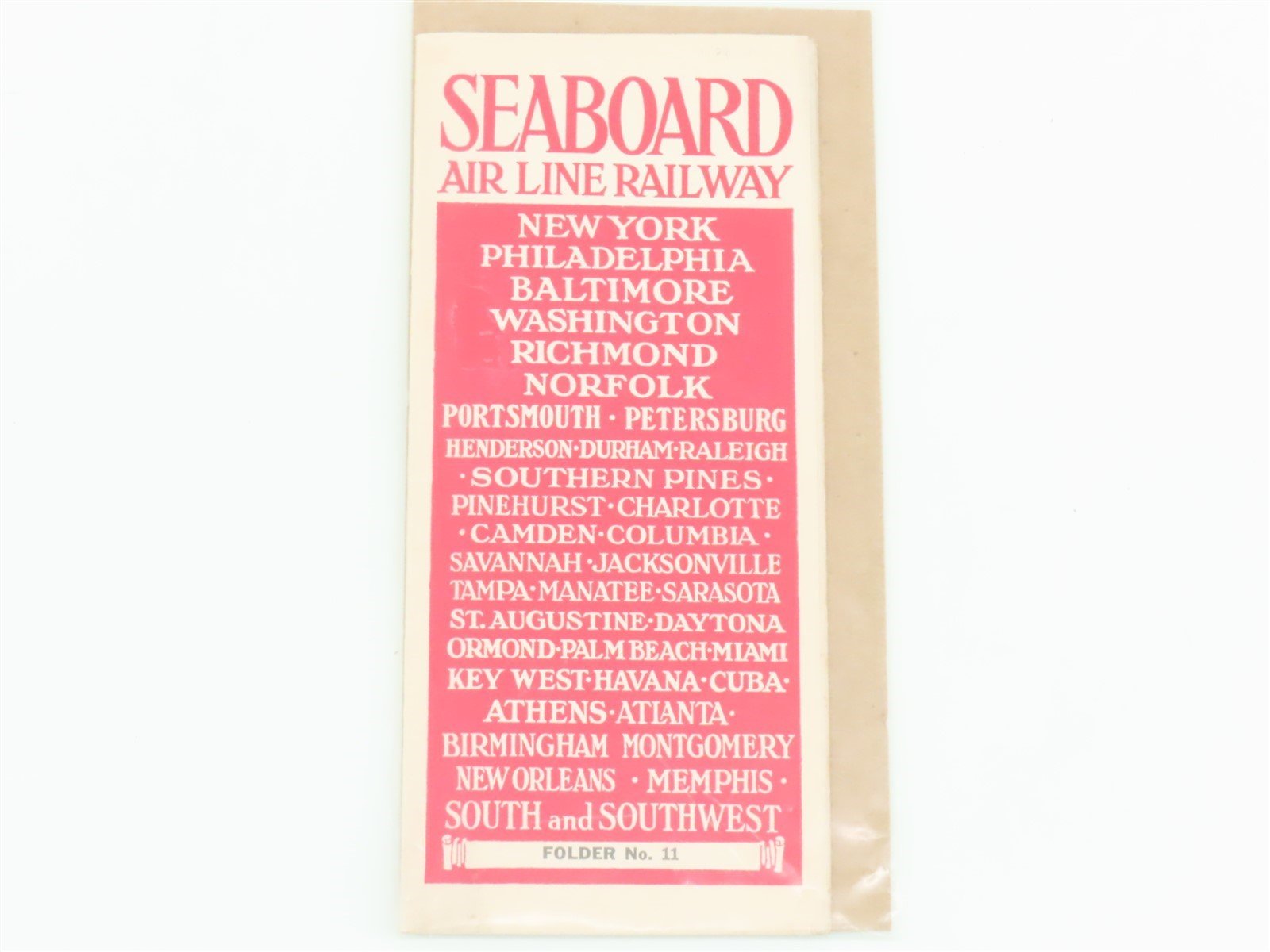Antique SAL Seaboard Air Line Railway Folder No. 11 Public Timetable Circa 1916