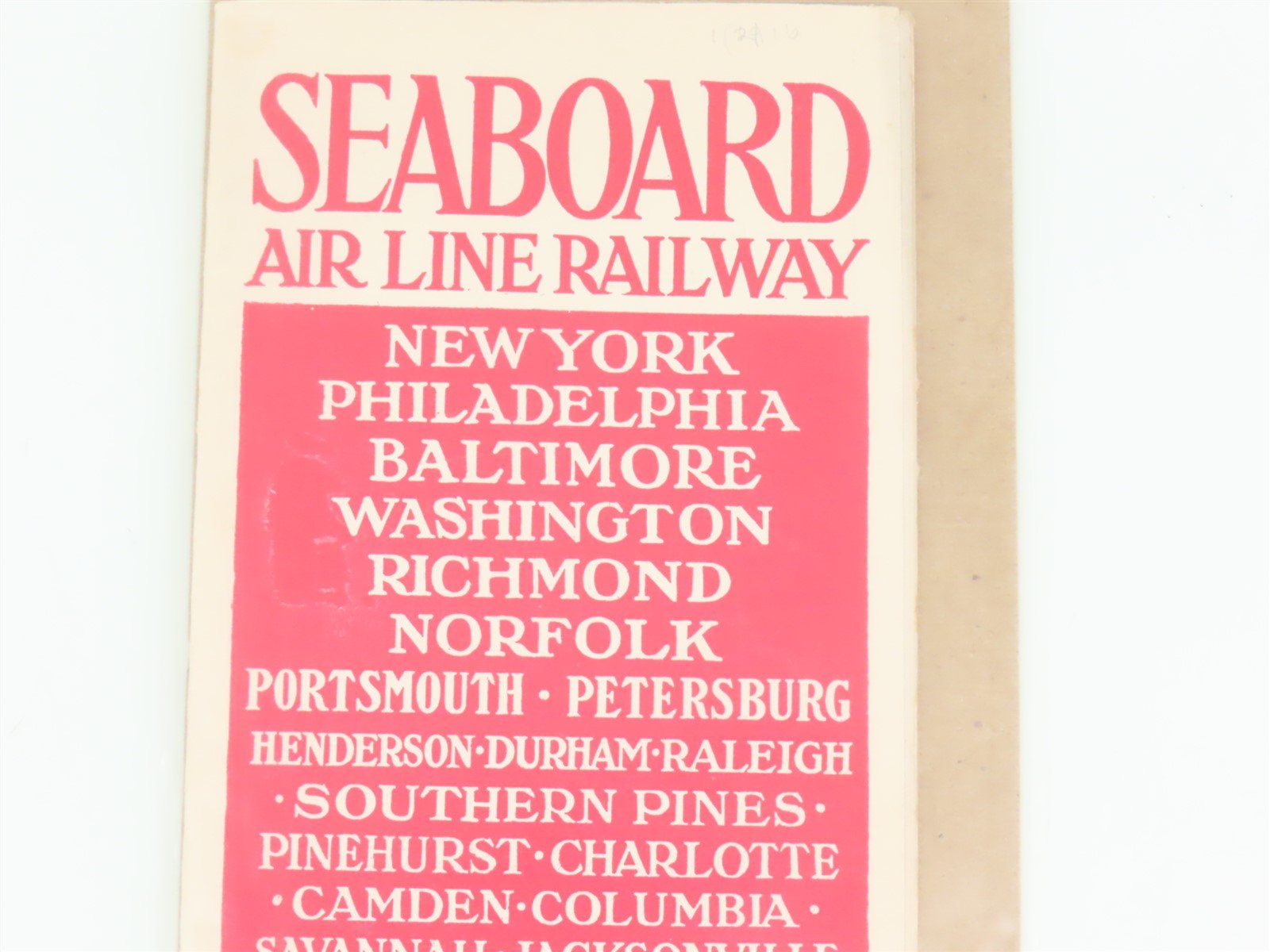 Antique SAL Seaboard Air Line Railway Folder No. 11 Public Timetable Circa 1916