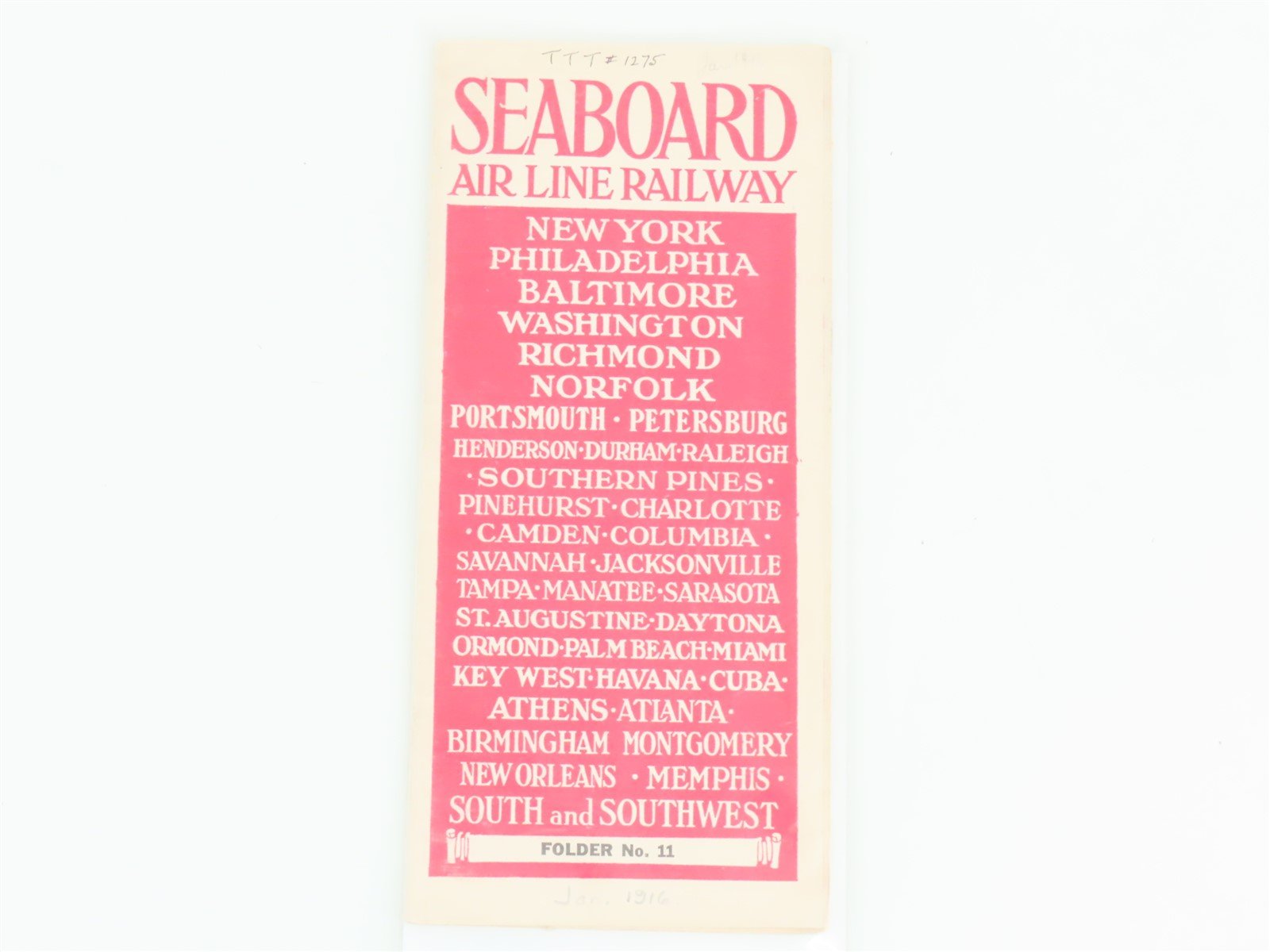Antique SAL Seaboard Air Line Railway Folder No. 11 Public Timetable Circa 1916