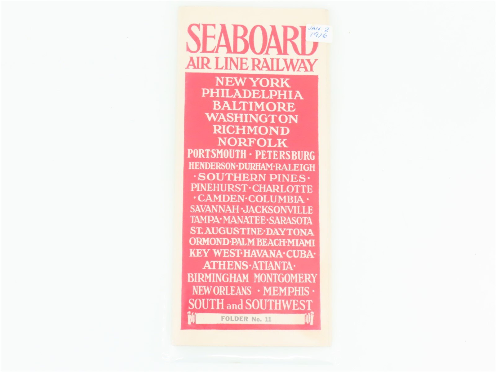 Antique SAL Seaboard Air Line Railway Folder No. 11 Public Timetable Circa 1916