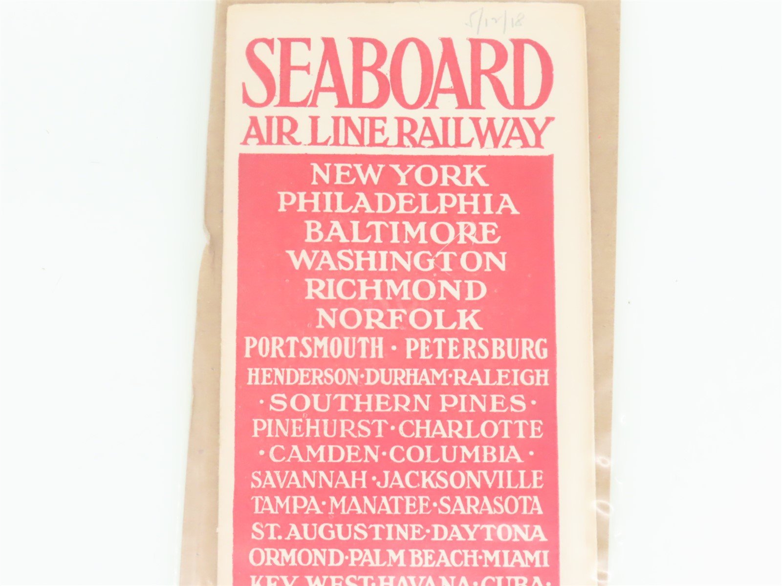 Antique SAL Seaboard Air Line Railway Folder No. 28 Public Timetable 1918