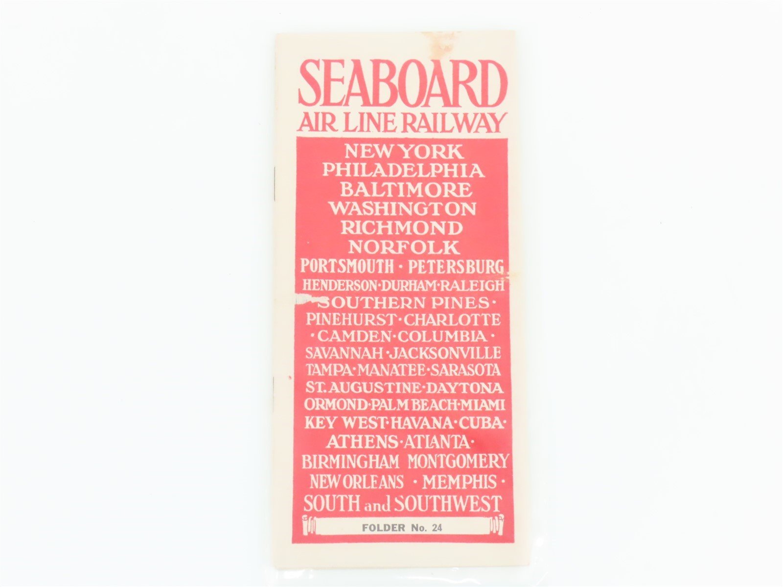 Antique SAL Seaboard Air Line Railway Folder No. 24 Public Timetable 1917