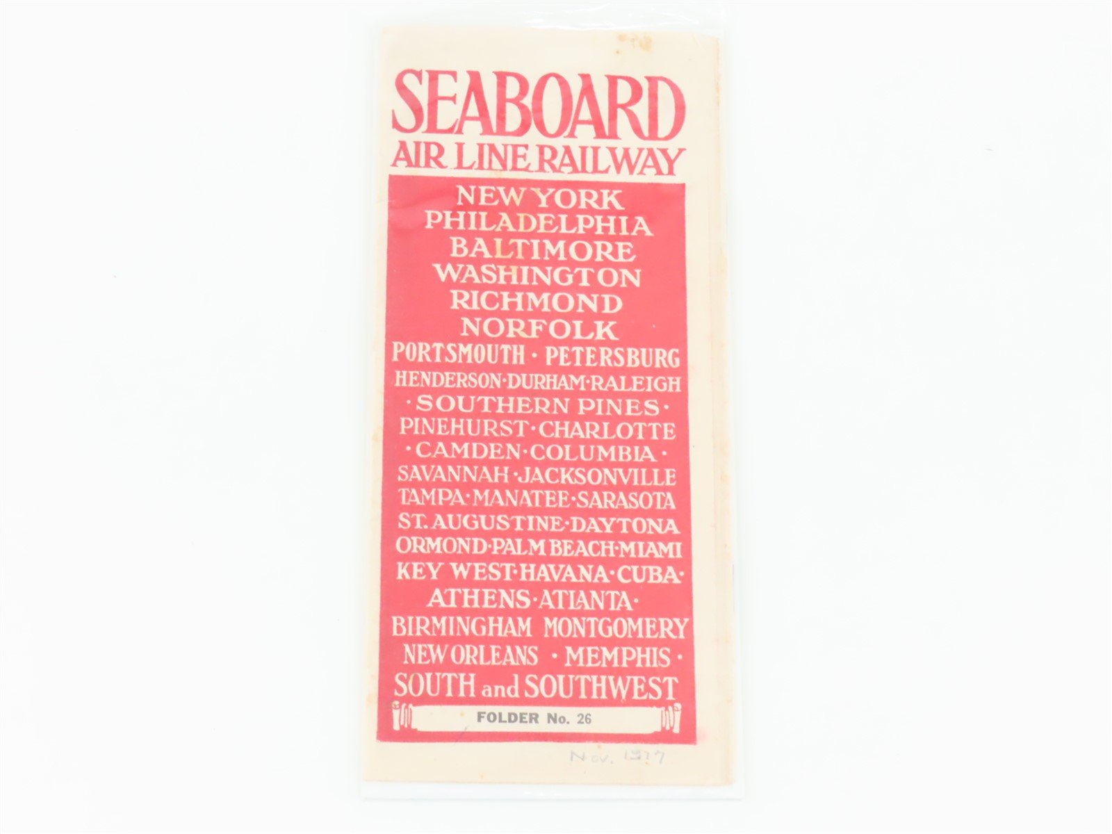 Antique SAL Seaboard Air Line Railway Folder No. 26 Public Timetable 1917