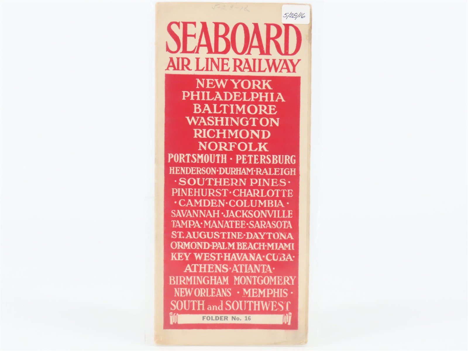 Antique SAL Seaboard Air Line Railway Folder No. 16 Public Timetable 1916