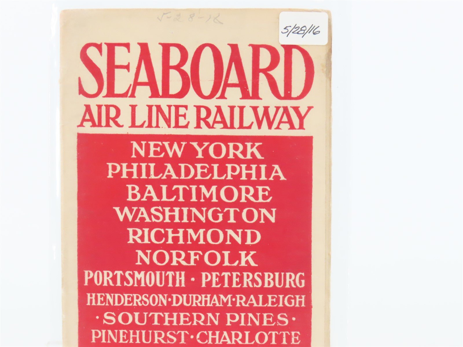 Antique SAL Seaboard Air Line Railway Folder No. 16 Public Timetable 1916