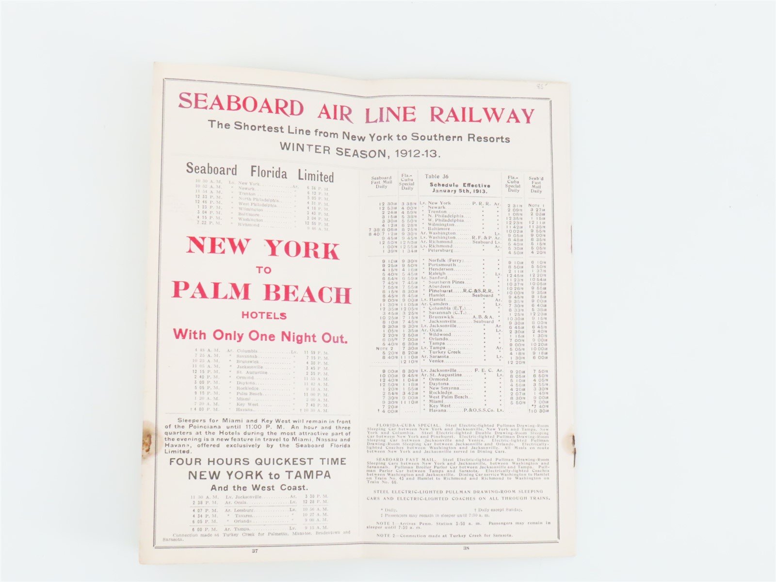 Antique SAL Seaboard Air Line Railway Public Timetable 1913