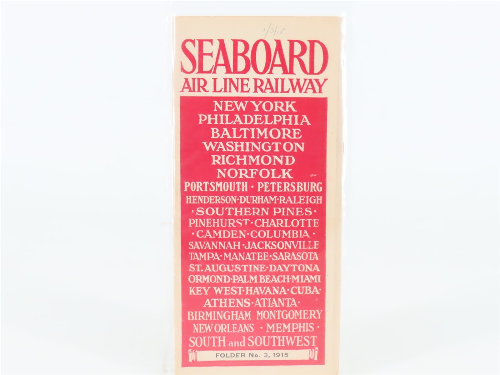 Antique SAL Seaboard Air Line Railway Folder No. 3 Public Timetable 1915