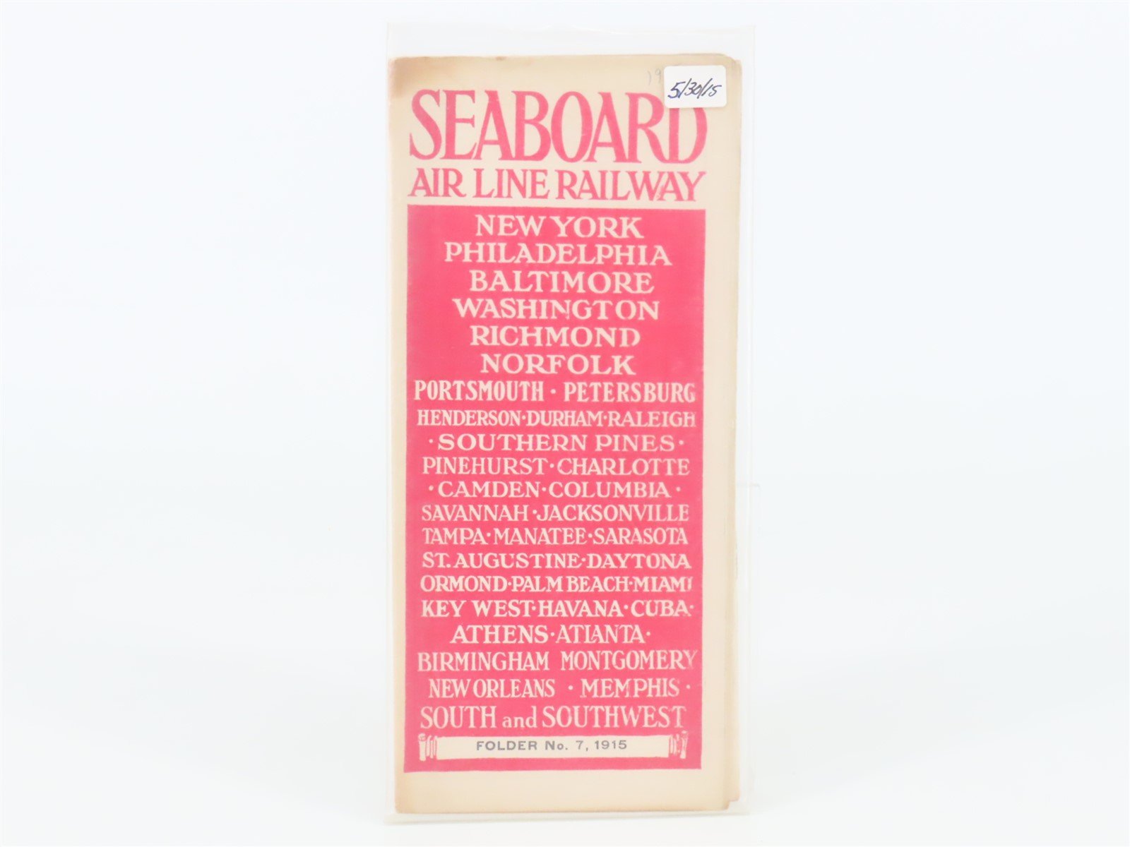 Antique SAL Seaboard Air Line Railway Folder No. 7 Public Timetable 1915