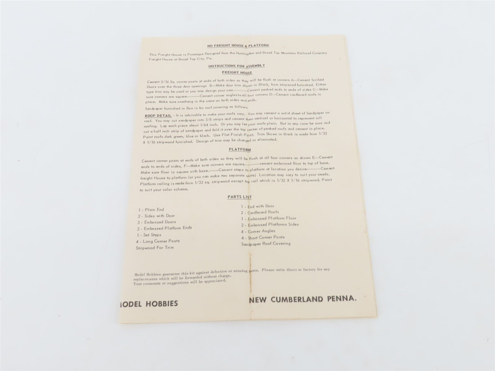 HO 1/87 Scale Model Hobbies All Wood Kit 547 Freight House