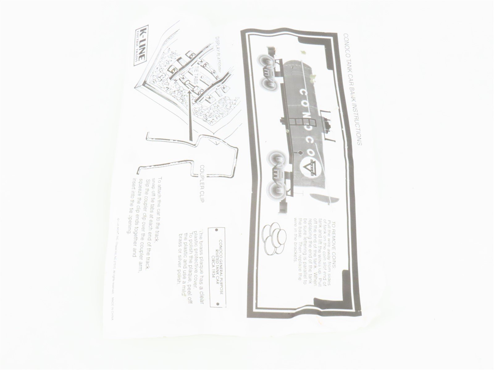 O Gauge 3-Rail K-Line K-639104 CONX Conoco Riveted Tank Car #1112 Coin Bank