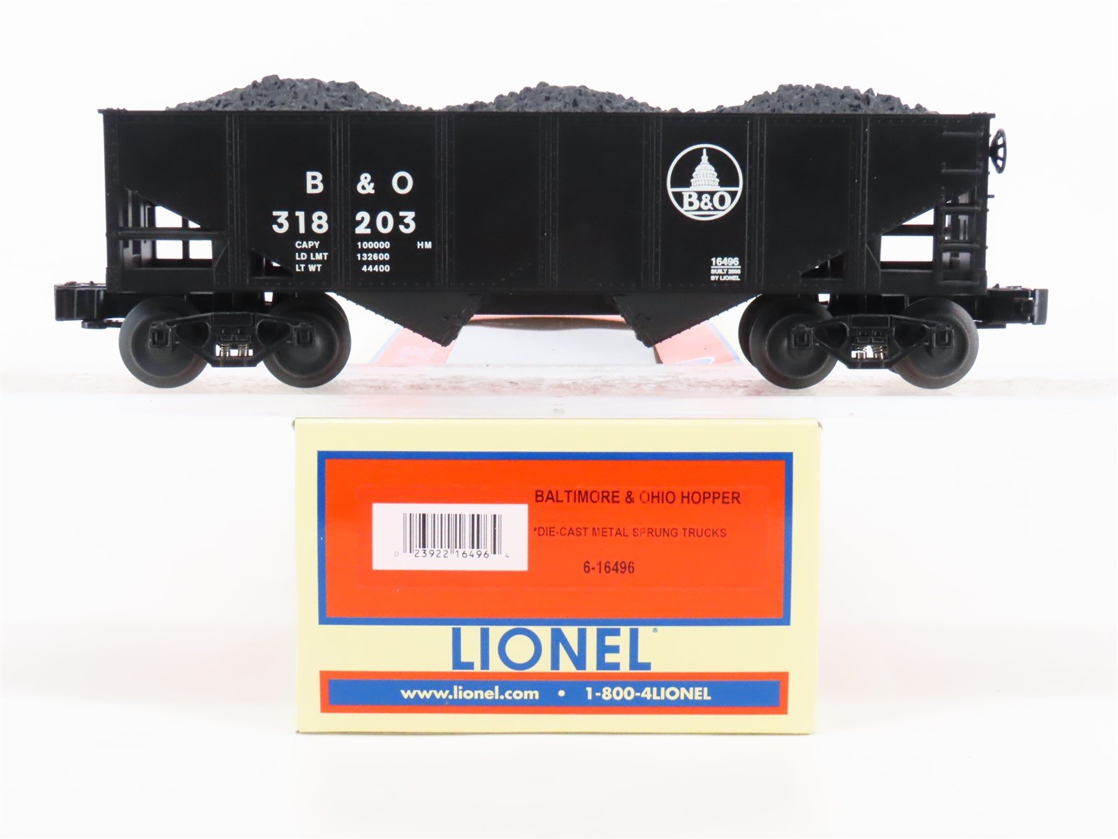 O Gauge 3-Rail Lionel 6-16496 B&O Baltimore & Ohio 2-Bay Hopper #318203 w/ Load