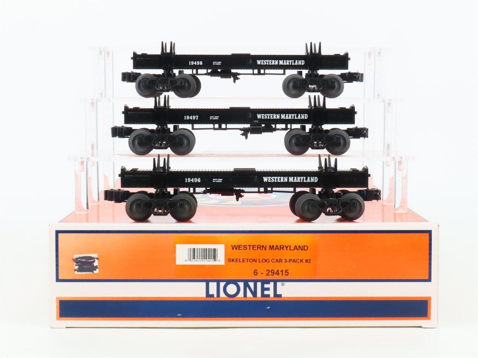 O Gauge 3-Rail Lionel 6-29415 WM Western Maryland Skeleton Log Car 3-Pack w/Load