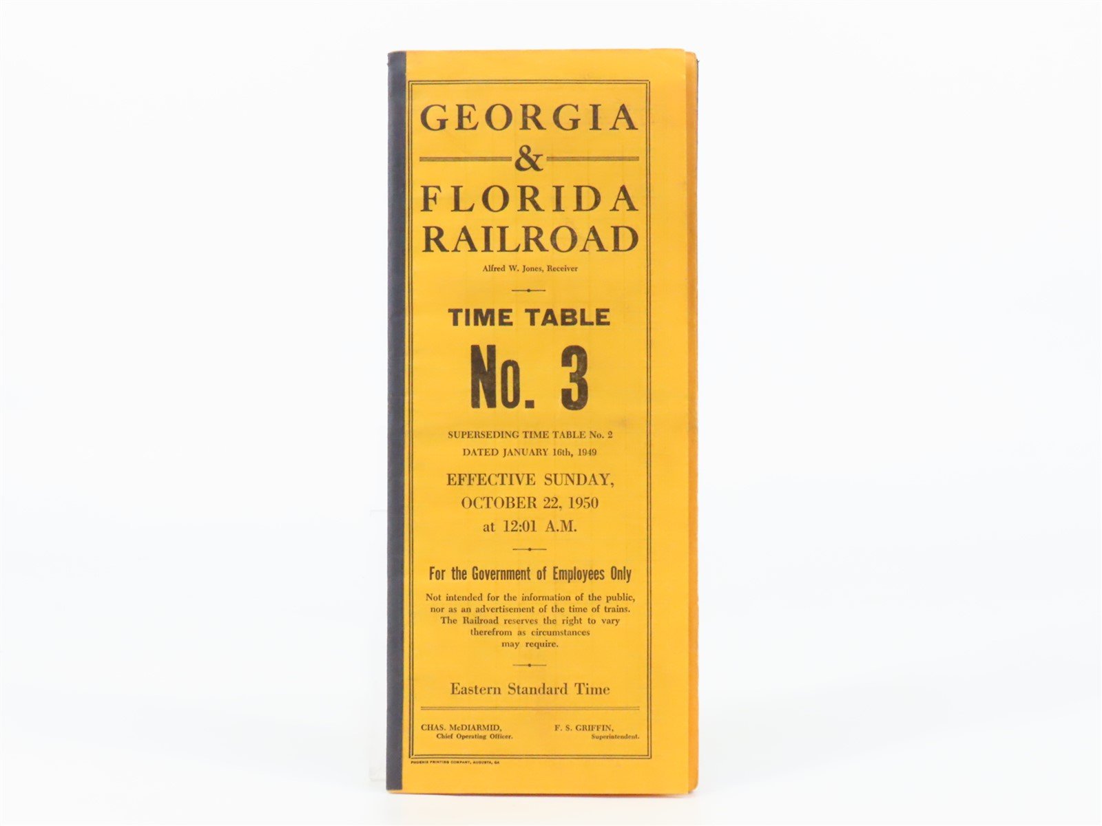 Vintage Georgia & Florida Railroad No. 3 Employee Timetable 1950