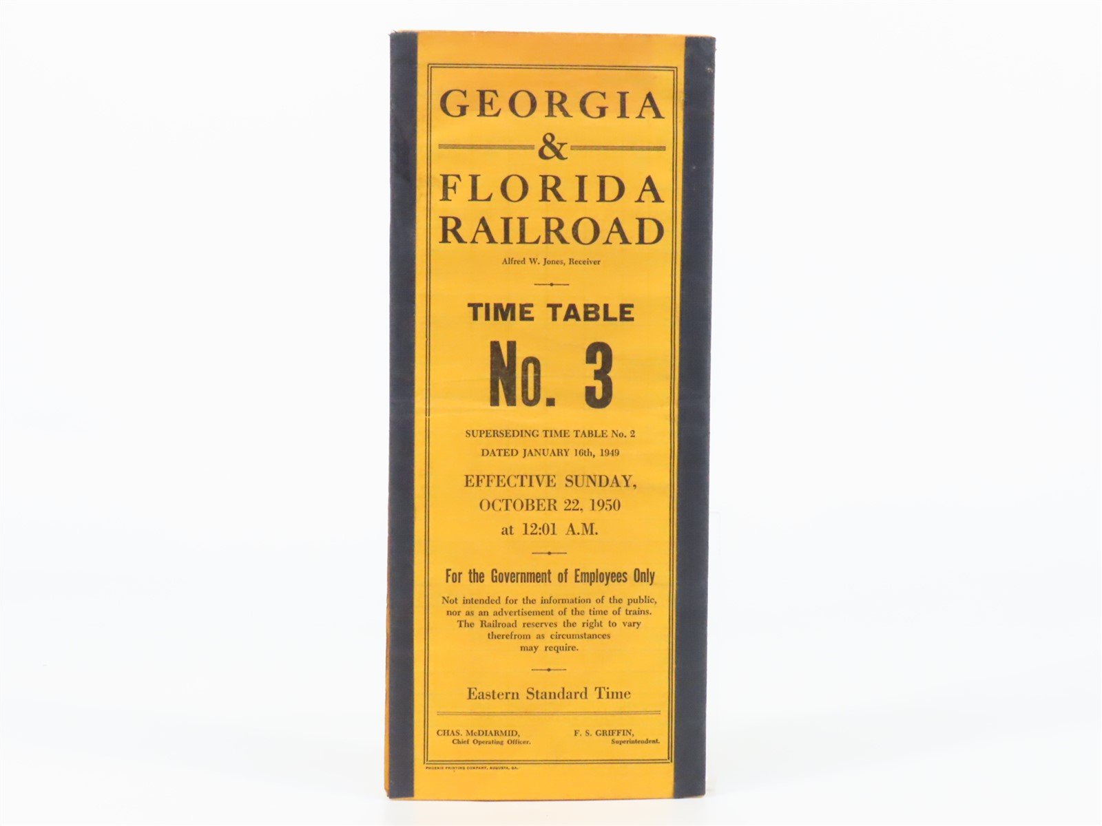 Vintage Georgia & Florida Railroad No. 3 Employee Timetable 1950