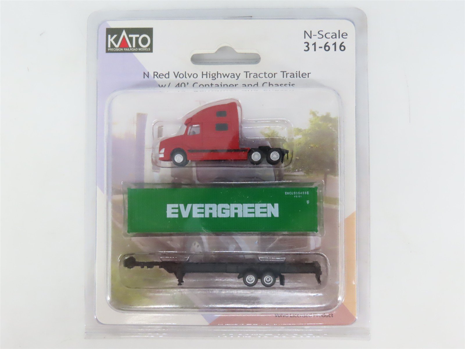 N 1/160 Scale KATO 31-616 Red Volvo Tractor w/ 40' Evergreen Container & Chassis