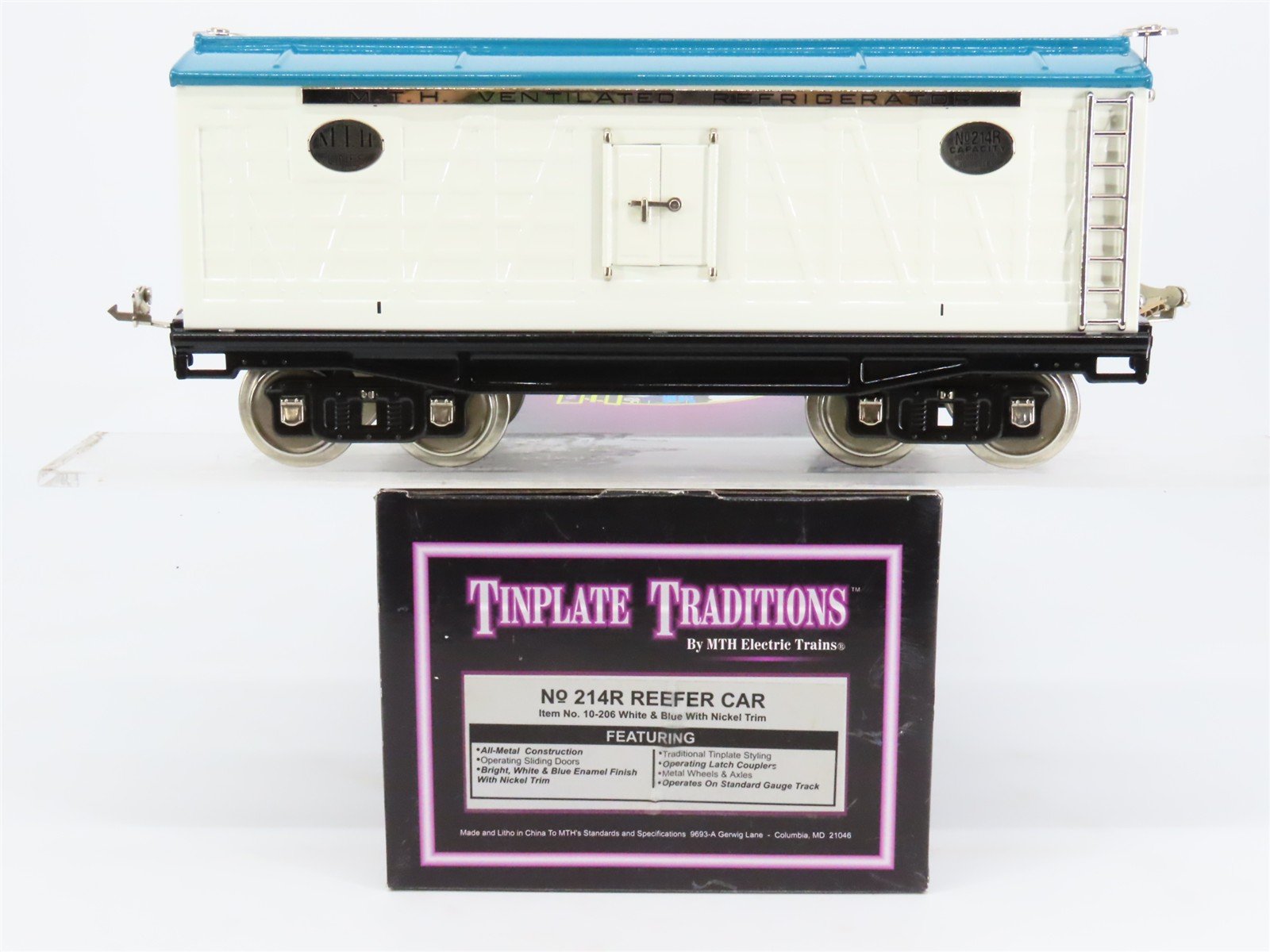 Standard Gauge MTH Tinplate 10-206 #214R White & Blue w/Nickel Trim Reefer